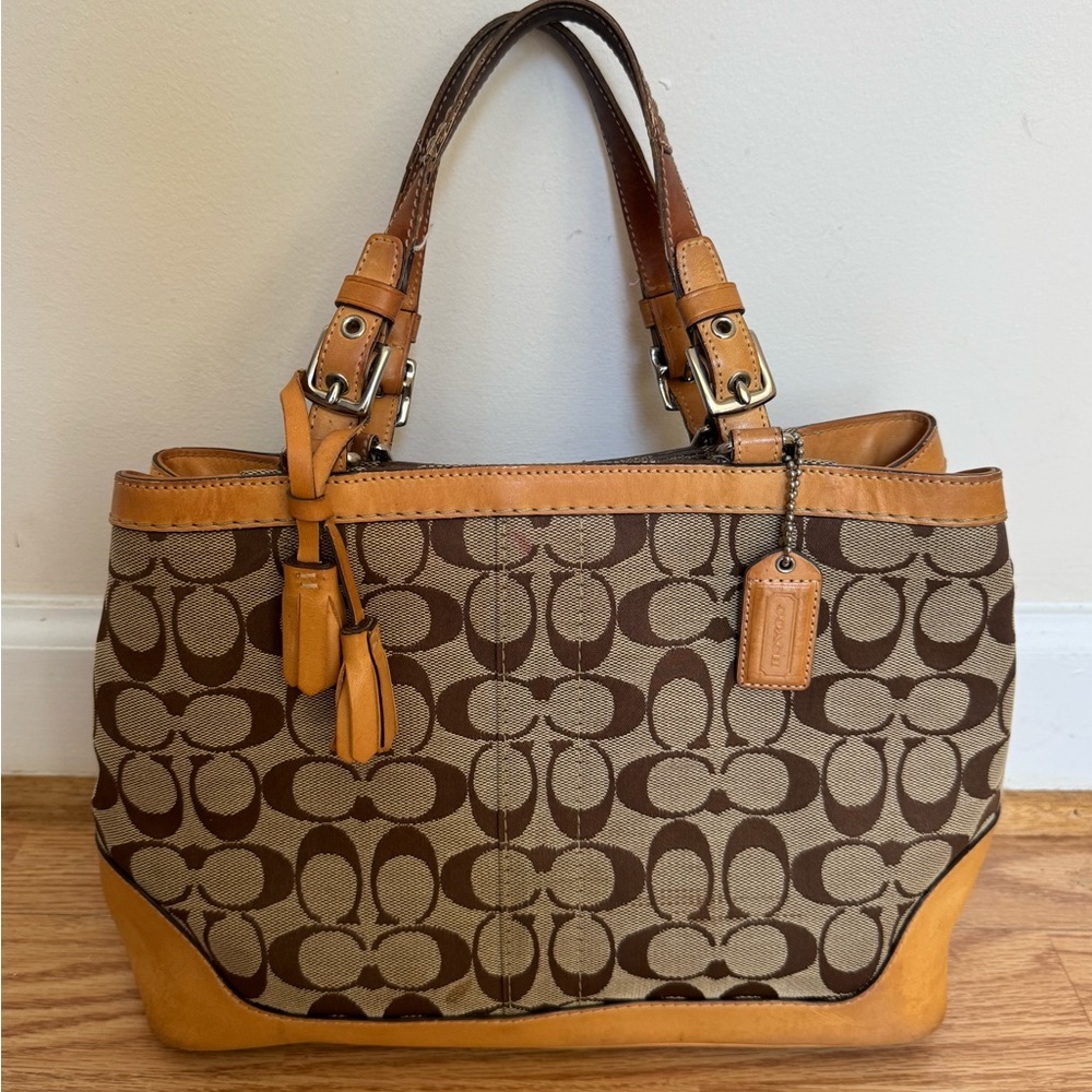 Coach Brown Signature Canvas Tote with Tan Leather Trim - Picture 3 of 16